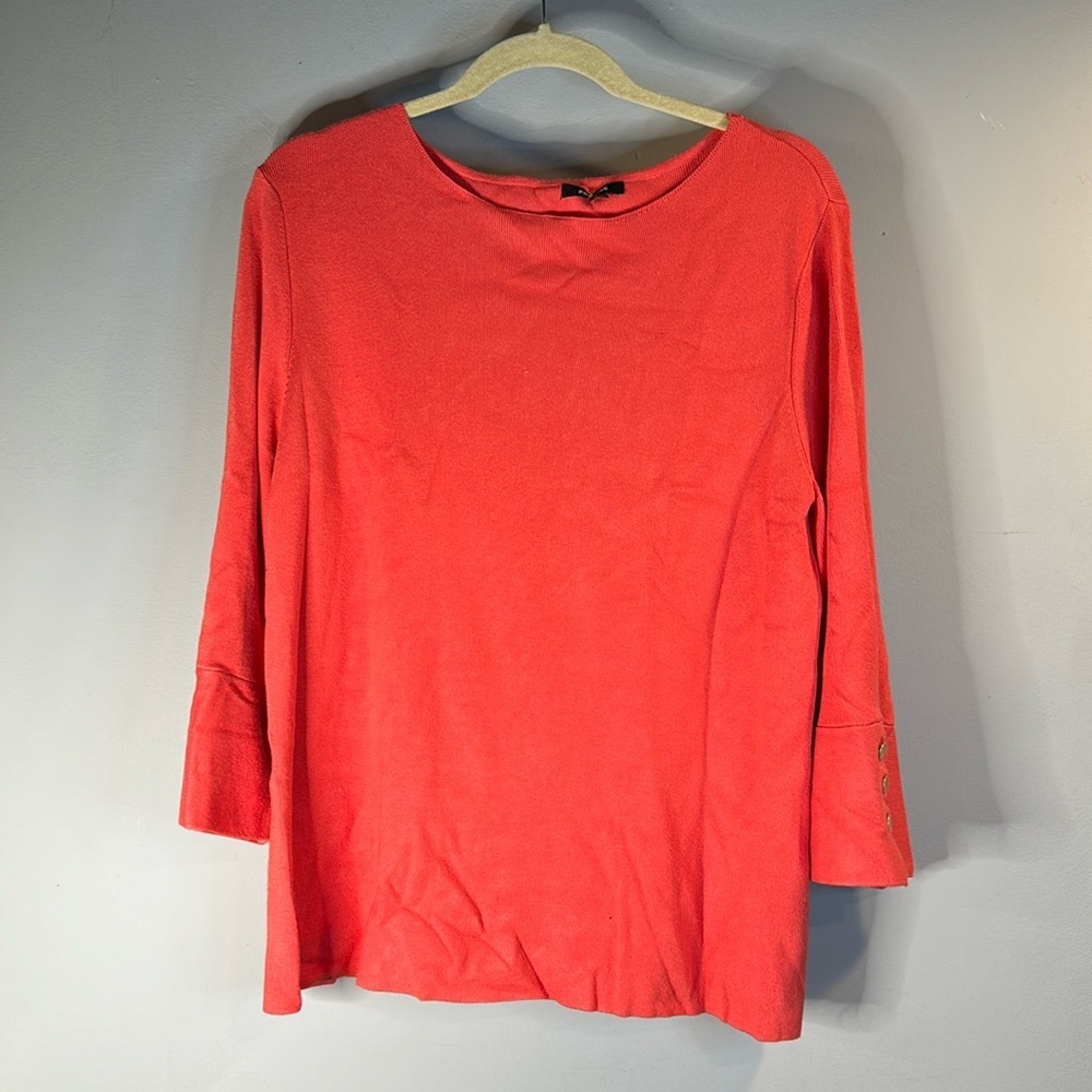 Salmon, Orange Knit Sweater with Gold Button Detail